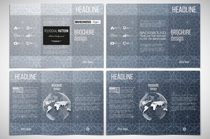Vector set of tri-fold brochure design template on both sides with world globe element. Abstract floral business background, modern stylish vector texture.