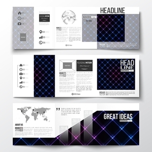 Vector set of tri-fold brochures, square design templates with element of world map and globe. Abstract polygonal background, modern stylish sguare vector texture.