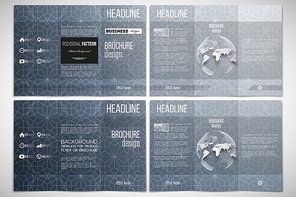 Vector set of tri-fold brochure design template on both sides with world globe element. Abstract floral business background, modern stylish vector texture.