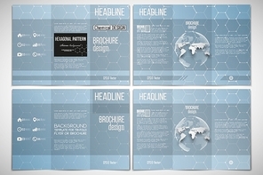 Vector set of tri-fold brochure design template on both sides with world globe element. Chemistry pattern, hexagonal design vector illustration