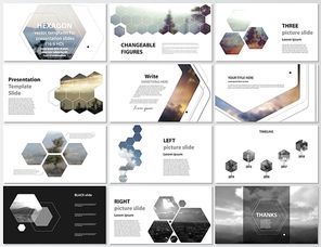 The minimalistic abstract vector illustration of editable layout of high definition presentation slides design business templates. Hexagonal style decoration for flyer, report, advertising, brochure.