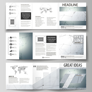 Set of business templates for tri fold square design brochures. Leaflet cover, abstract flat layout, easy editable vector. Genetic and chemical compounds. Atom, DNA and neurons. Medicine, chemistry, science or technology concept. Geometric background.