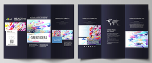 Tri-fold brochure business templates on both sides. Easy editable abstract vector layout in flat design. Bright color lines and dots, colorful minimalist backdrop with geometric shapes forming beautiful minimalistic background.