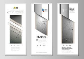Set of roll up banner stands, flat design templates, abstract geometric style, modern business concept, corporate vertical vector flyers, flag layouts. Chemistry pattern, molecule structure on gray background. Science and technology concept.