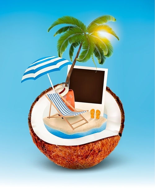Vacation concept. Palm tree, suitcase and a photo in a coconut. Vector.