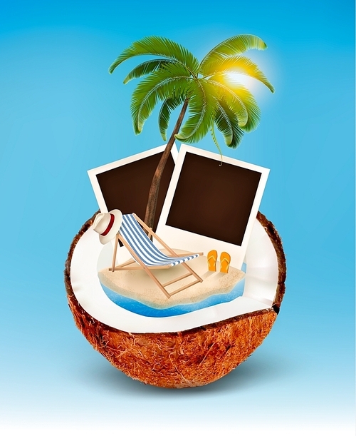 Vacation concept. Palm tree, photos and beach chair in a coconut. Vector.