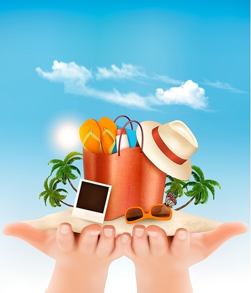 Vacation concept. Beach with a palm tree, a photograph and a beach bag in hands. Vector.