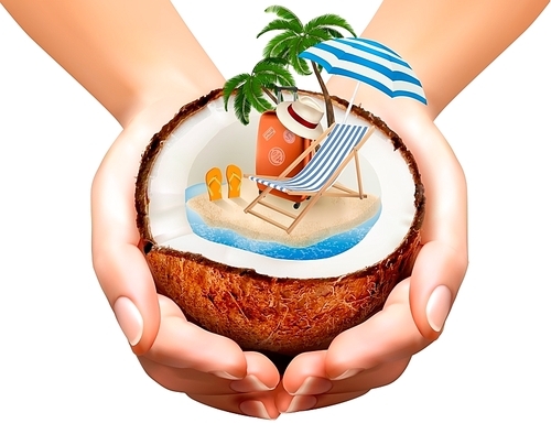 Vacation concept. Palm tree, suitcase and an umbrella in a coconut. Vector.