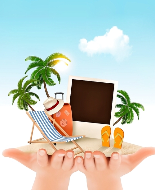 Summer vacation background. Hands holding up holiday items. Vector.