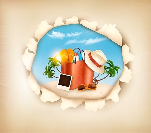 Tropical island with palms, a beach chair and a suitcase. Vacation vector background. Vector.