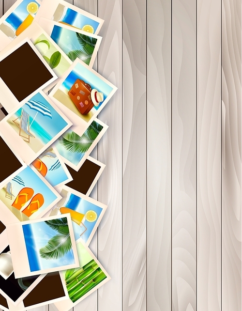 Travel Background With Photos From Holidays On A Seaside On Wooden Desk. Vector
