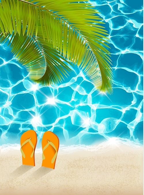 Vacation background. Beach with palm trees and blue sea. Vector.
