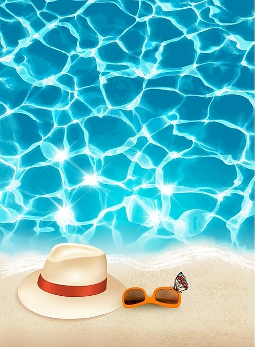 Vacation background with blue sea, a hat and sunglasses. Vector.
