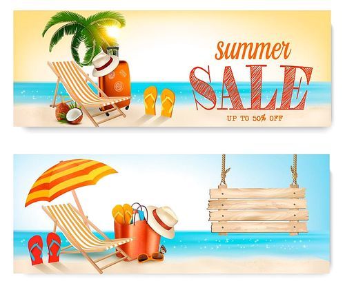Two Summer Sale Banners With Beach Chair And Ocean. Vector Illustration.