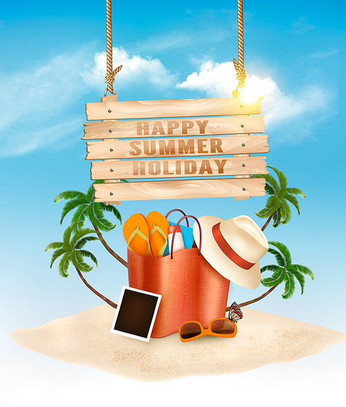 Tropical island with palms, a beach bag and and wooden sign. Vacation vector background