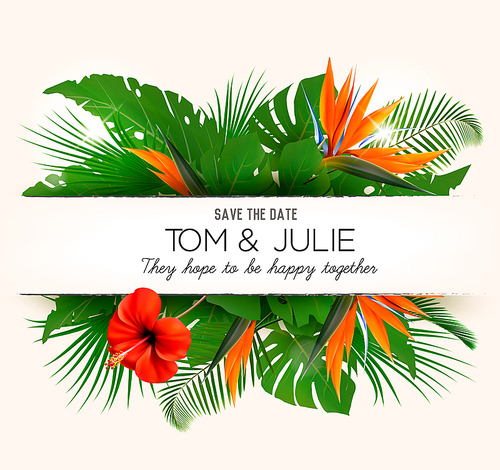 Wedding invitation desing with exotic leaves and coloful flowers. Vector