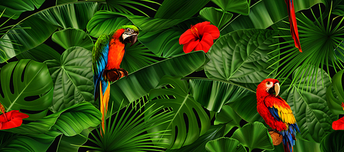 Jungle leaves and parrots, seamless pattern. 3d vector realistic background