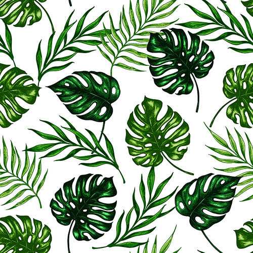 Tropical summer seamless pattern with green palm leaves and branch. Hand drawn vector background