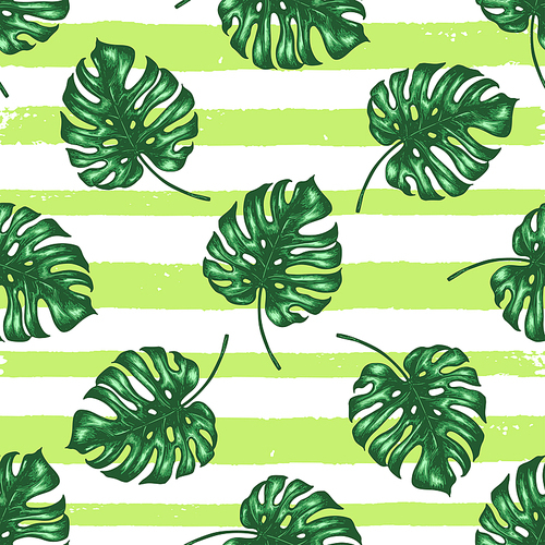 Tropical seamless pattern with green lines and palm leaves. Hand drawn vintage vector background.