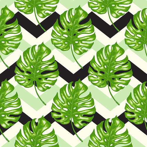 Tropical seamless pattern with green palm. Hand drawn vintage vector background.