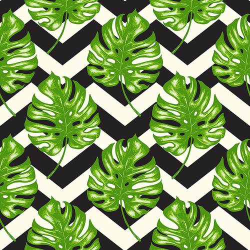 Tropical seamless pattern with green palm leaves and black srtips. Hand drawn vintage vector background.