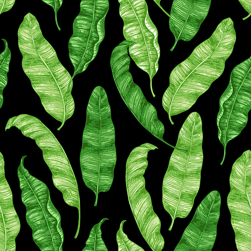 Tropical seamless pattern with green banana leaves on a black background. Hand drawn vintage vector illustration.
