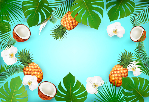 Summer tropical background with exotic palm leaves and flowers and a space for text. Vector