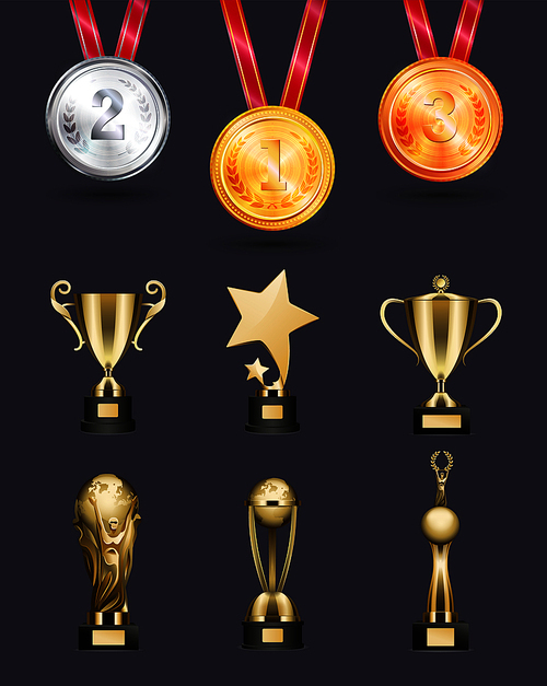 Medal achievements icons isolated collection vector illustration with black backdrop, various shape cups, bronze silver and golden awards sample