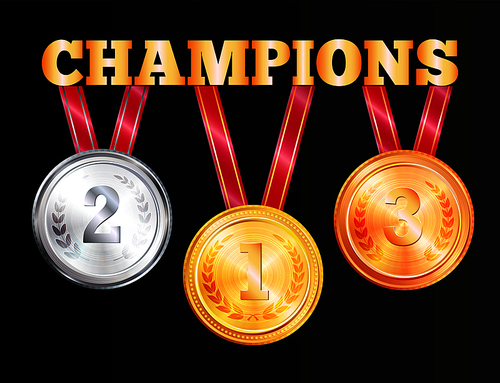 champions medals isolated on black background, vector illustration of silver bronze and gold prizes with sparkly red ribbons, three awards s
