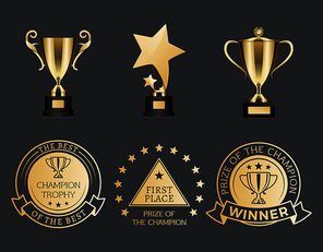 Gold trophy cups and medals for competition set. Shiny awards in sport tournament or creative achievements. Rewards isolated vector illustrations.