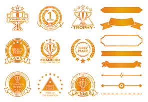 Grand prize award certificates and ribbons in gold. Round seals that approve win. Decorative elements for champions diploma vector illustrations set.