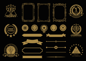 Winner trophies collection, frames set rewards awards for successful people, triangles and circles as base of badges isolated on vector illustration