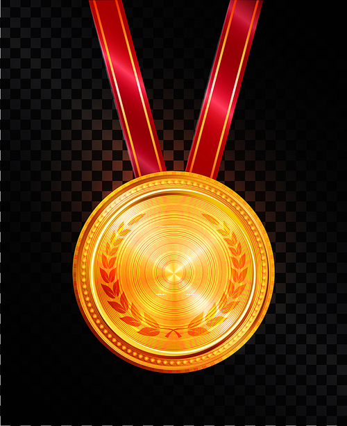 Noble gold round medal on shiny glossy red ribbon. Prize for best results in competition. Big bright award winner trophy isolated vector illustration.