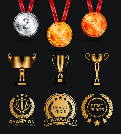 Champion medals collection, prizes on pedestal, badges of rounded shape, having headlines, ribbons stars symbols, isolated on vector illustration