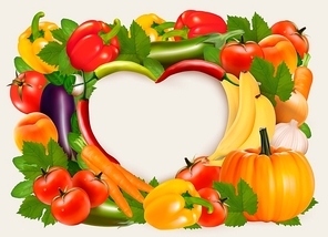 Heart shaped background made of vegetables and fruit. Vector.