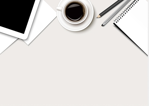 Office background with coffee, tablet, paper and some pens. Vector.