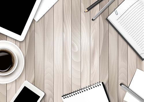Office workspace background - coffee, tablet, notebooks and paper. Vector.