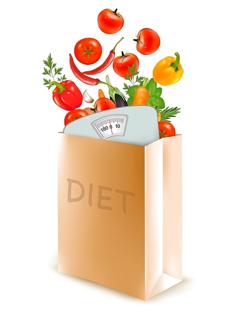 Diet paper bag with a scale and vegetables. Concept of diet, Vector.