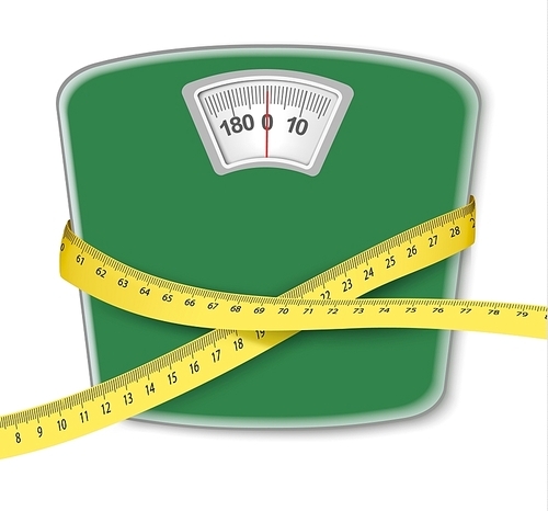 Weight scale with a measuring tape. Concept of diet. Vector.