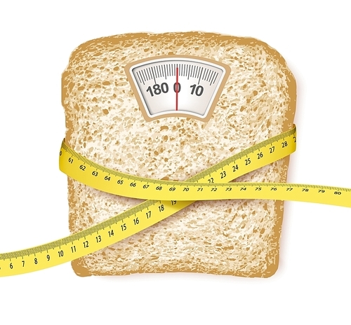 Weighing scales in form of a bread slice and measuring tape. Diet concept