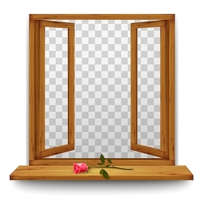 Wooden window with a red rose on the windowsill. Vector.