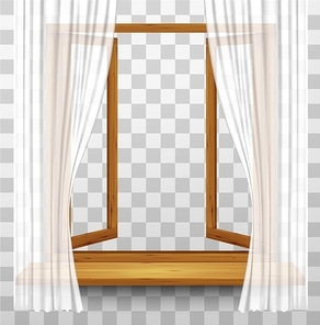 Wooden window frame with curtains on a transparent background. Vector.