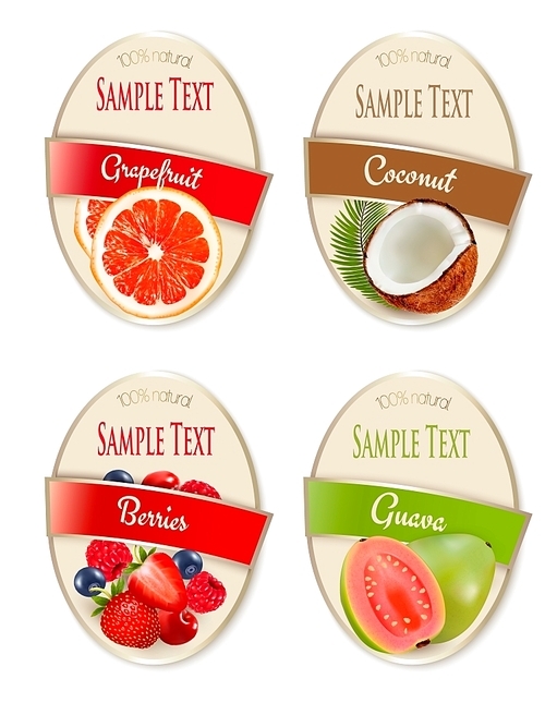 Set of labels of berries and fruit. Guava, grapefruit, coconut, strawberry, blueberry, raspberry. Vector.