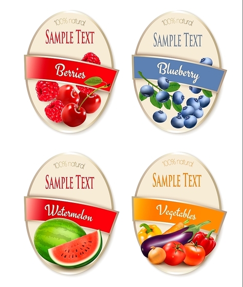 Four fruit, vegetables and berries labels. Vector.