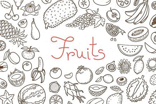Background with various fruits and an inscription for menu design, recipes and product packaging. Vector illustration.