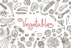 Background with various vegetables and an inscription for menu design, recipes and product packaging. Vector illustration.