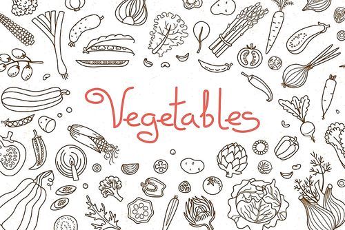 Background with various vegetables and an inscription for menu design, recipes and product packaging. Vector illustration.