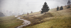 First snow in autumn. Snowfall in mountains. Panorama