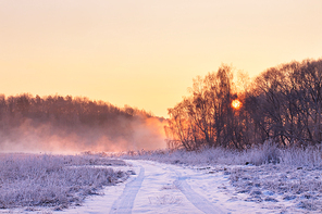 Winter misty colorful sunrise. Rural foggy and frosty scene in Belarus