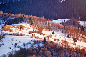 Early spring in mountains. Sunny rural winter scene. Winter panoramic aerial view landscape